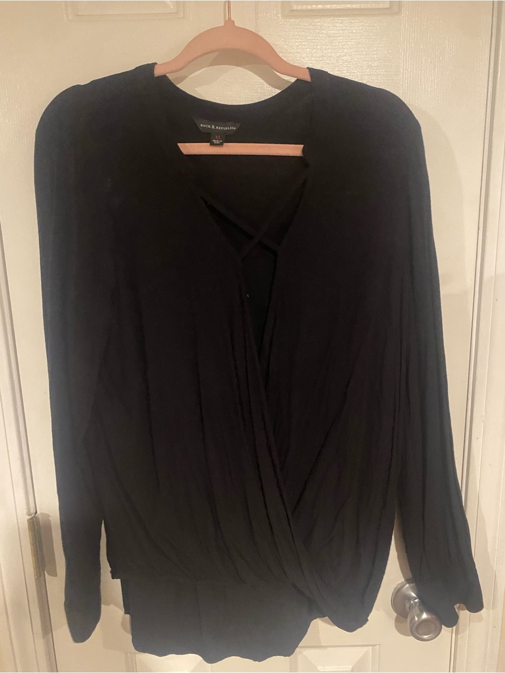 Rock & Republic Black Long Sleeve Wrap-Front Top